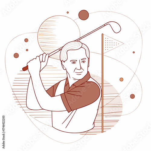 Senior man playing golf with club in minimalist sketch style  