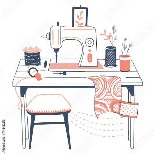 Sewing machine on wooden desk with fabric and crafting supplies  