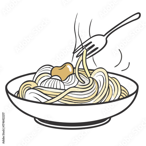 Spaghetti with tomato sauce and fork in a bowl with steam rising  