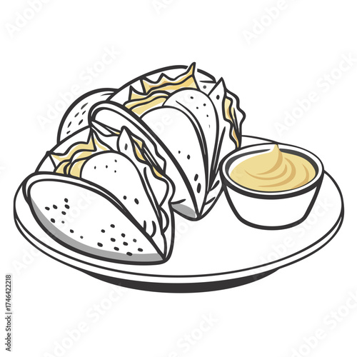 Tacos with salsa served on a plate alongside dipping sauce  