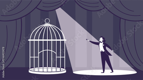 Dramatic magician gesture with empty birdcage under spotlight, evoking mystery and illusion, perfect for entertainment promotion and theatrical events