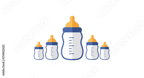 Illustration of baby bottles in various sizes for infant feeding