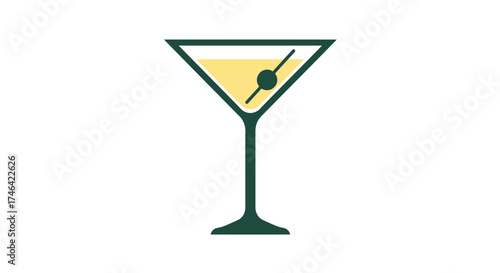 Illustration of a martini cocktail with olive on a white background