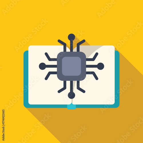 Open book with microchip and data transmission, symbolizing machine learning and artificial intelligence