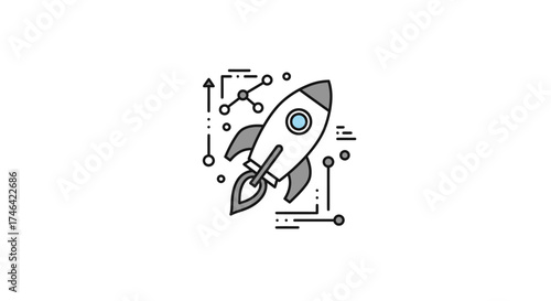 Illustration of a rocket ship launching with futuristic technology elements