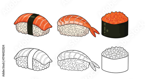 An assortment of delicious sushi dishes in a food illustration.