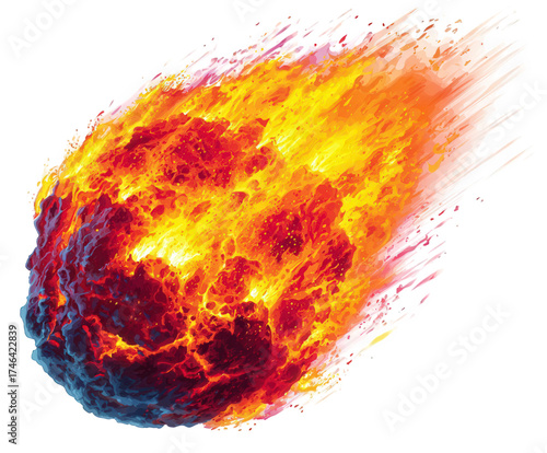 A fiery meteor burning brightly as it streaks through the atmosphere, isolated on transparent background