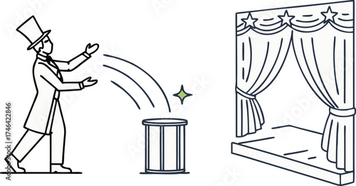 Charming magician performing dazzling stage illusion with top hat and sparkling magic, creating wonder and excitement for audiences of all ages