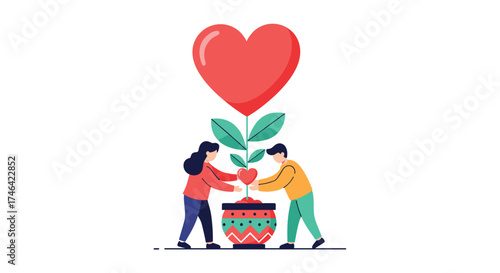A couple plants a sapling with a heart shaped balloon on top of it.