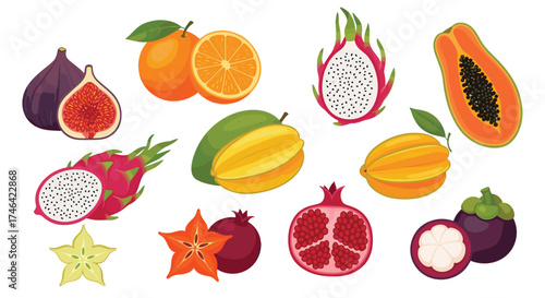 A variety of exotic fruits including dragon fruit figs oranges and papaya.