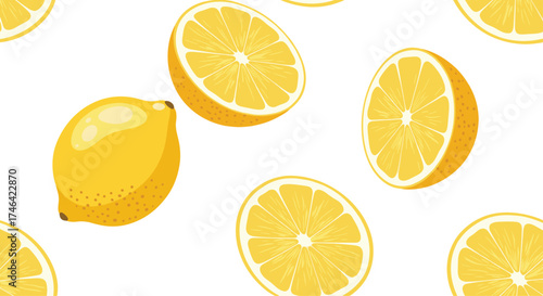 A vibrant seamless pattern featuring fresh citrus fruits like lemons and lemon slices.