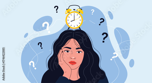 A person with a clock on their head and question marks around them representing confusion.