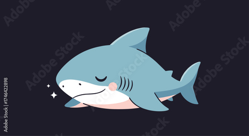 A cute cartoon shark is sleeping peacefully with sparkles around its nose.