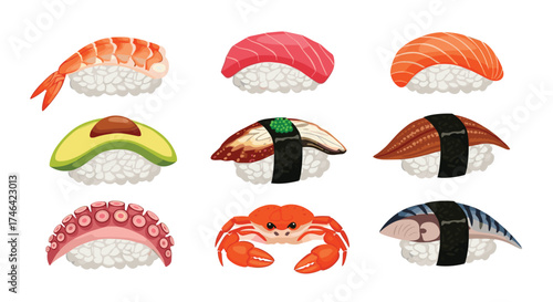A delightful arrangement of nine sushi and sashimi creations in a grid.