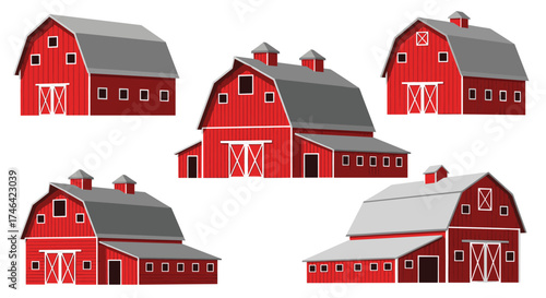 Five classic red barns with gray roofs and white trim.