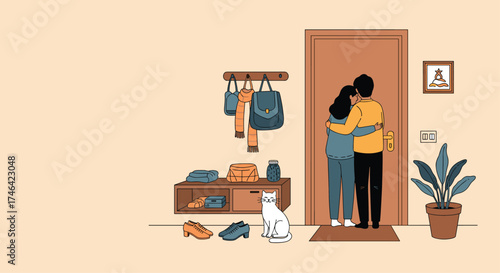 A loving couple embraces at the doorstep before a departure.