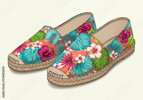 Stylish tropical espadrilles, vibrant floral print, perfect summer footwear, island getaway style, breezy vacation vibes, comfortable fashion, colorful beach shoes
