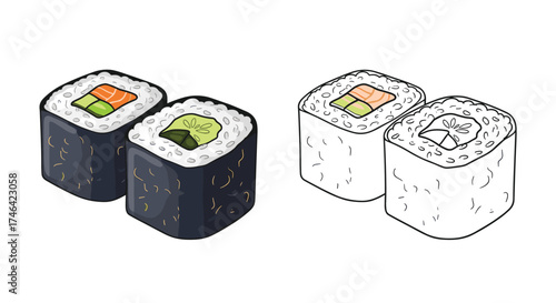 Two isometric sushi rolls a colored and a line art version.