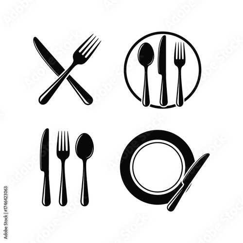 Cutlery Set Icons in Black and White knife fork spoon plate dinnerware tableware restaurant dining utensils symbol graphic design