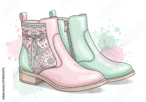 Stylish pastel ankle boots with floral and feather details, perfect for fashion blogs and trendy lifestyle content, a cute and fashionable footwear statement piece