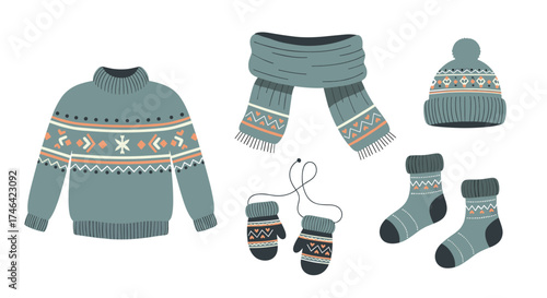 Winter clothing collection with a knitted sweater scarf hat and mittens.
