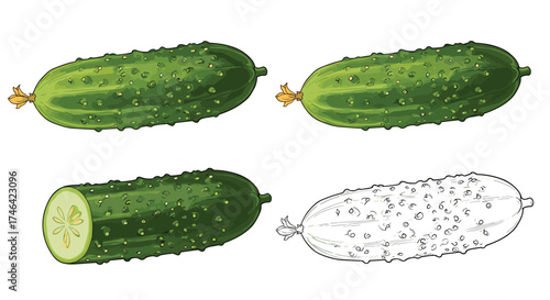 Four different representations of a fresh cucumber.