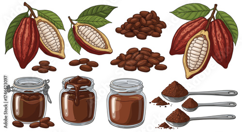 Fresh cacao pods beans and sweet chocolate spreads with powdered cocoa.