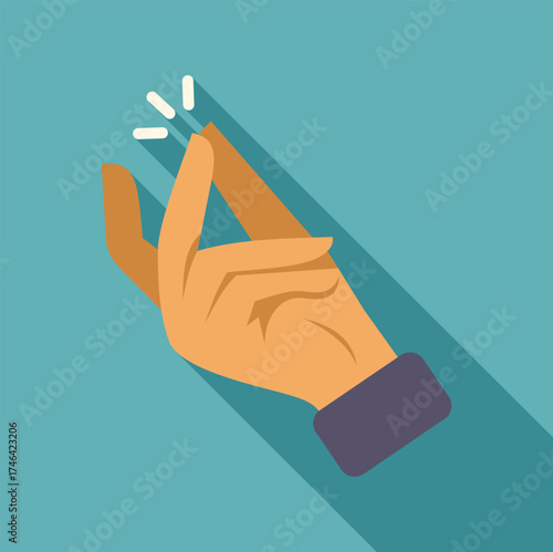 Cartoon hand snapping fingers creating sparkles, with long shadow on turquoise background