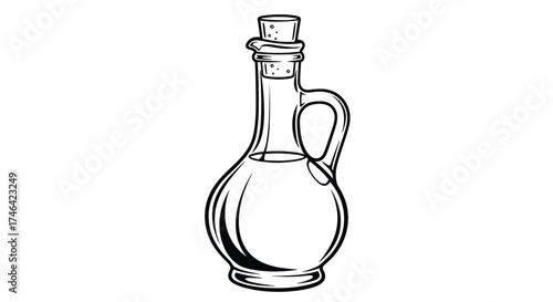 A clear glass bottle with a handle and a cork stopper containing a transparent liquid.