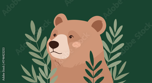 A gentle brown bear peeks through lush green foliage.