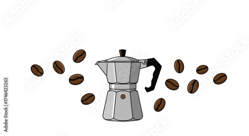 A moka pot brewing rich coffee surrounded by coffee beans.