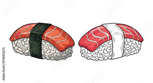 Delicious salmon sushi nigiri with rice and seaweed topping.