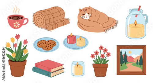 Cozy home atmosphere with a cat blanket cookies and hot drink.