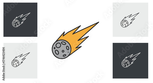 Meteorite icon illustration asteroid with flame trail against grayscale backgrounds