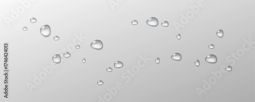 Realistic vector water drops png on a transparent light background. Water condensation on the surface with light reflection and realistic shadow. 3d vector illustration