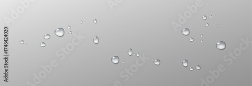Realistic vector water drops png on a transparent light background. Water condensation on the surface with light reflection and realistic shadow. 3d vector illustration	
