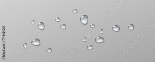 Realistic vector water drops png on a transparent light background. Water condensation on the surface with light reflection and realistic shadow. 3d vector illustration	
