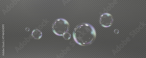 Realistic soap vector bubbles png isolated on transparent background. The effect of falling and flying bubbles. Glass bubble effect.	
