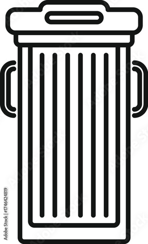 Simple line drawing of a public trash receptacle, featuring handles and a lid, designed for waste disposal in outdoor settings