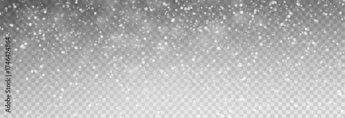 Christmas background with small falling snowflakes. Snow storm effect, blurred, cold wind with snow png. Holiday powder snow for cards, invitations, banners, advertising.