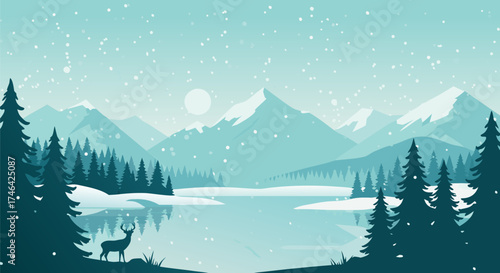 Idyllic winter landscape vector illustration with majestic snow-capped mountains, evergreen forests, and deer by a tranquil frozen lake under falling snow