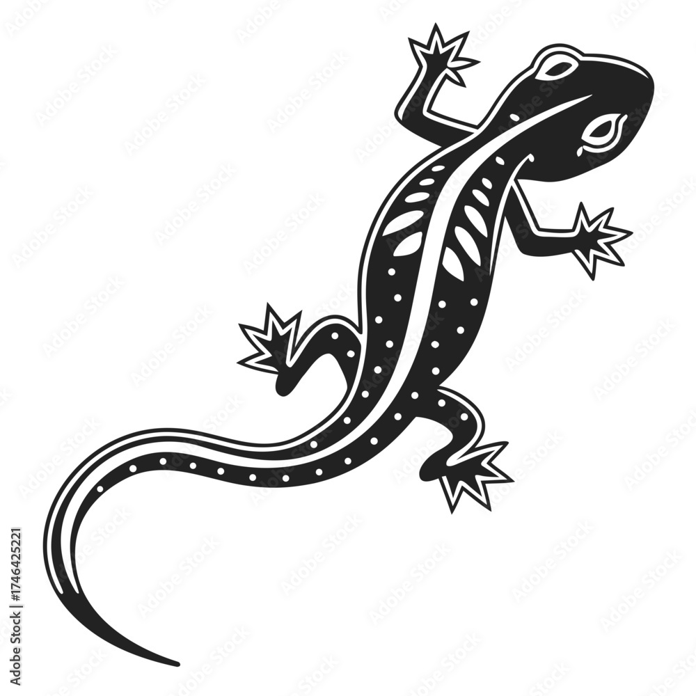 Naklejka premium Stylized black and white lizard illustration with tribal patterns