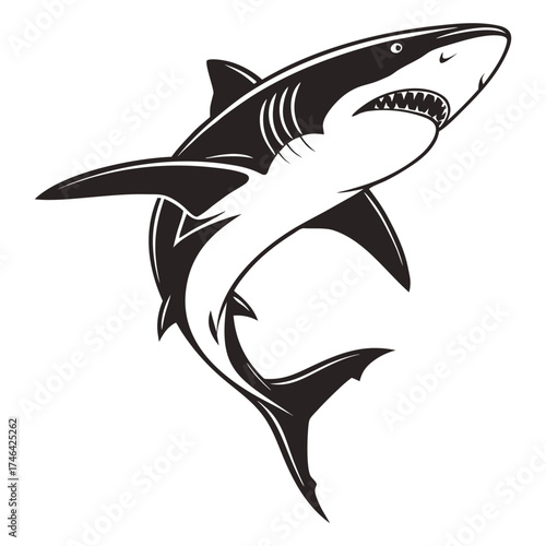 Aggressive shark illustration with sharp teeth and dark silhouette