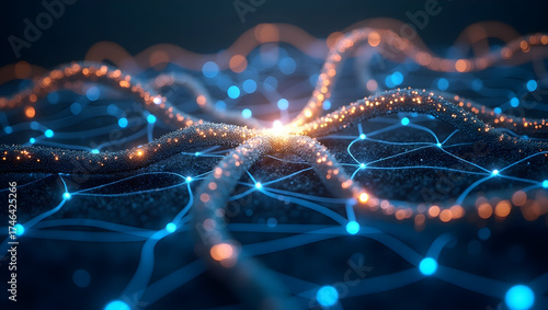 Alpha wave A sci-fi neural network grid, with alpha wave streams visualized as luminous blue and gold connections between nodes, the entire web isolated on(1)
