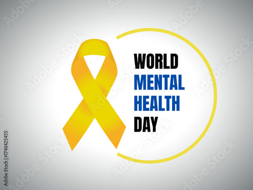 Yellow awareness ribbon with “World Mental Health Day” text. Clean vector design symbolizing support, care, and mental health awareness campaign.
