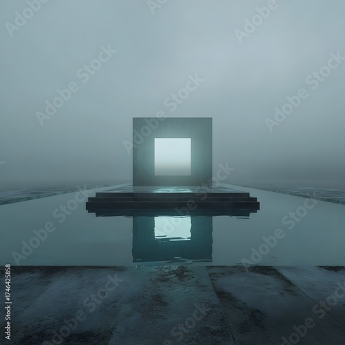 A serene minimalist composition with a reflective pool and a floating data visualization  long title A serene minimalist landscape featuring a
