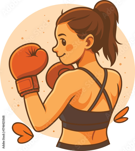 Girl Boxer in Fighting Stance with Orange Gloves Ponytail Sports Bra Illustration