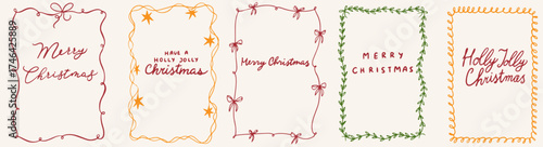 Hand drawn Christmas vintage frame. New Year design holiday chalk frames with fir branches, stars, ribbon, bows. Minimalist line art. Decoration border for poster, placards and invitations.