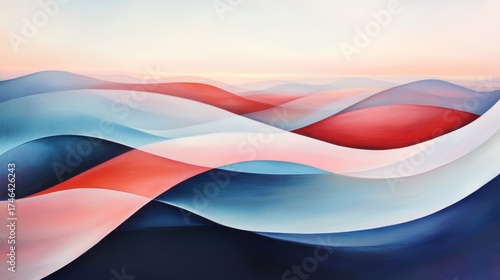 Painting of a mountain range with a blue and red wave in the middle. The painting has a calm and peaceful mood