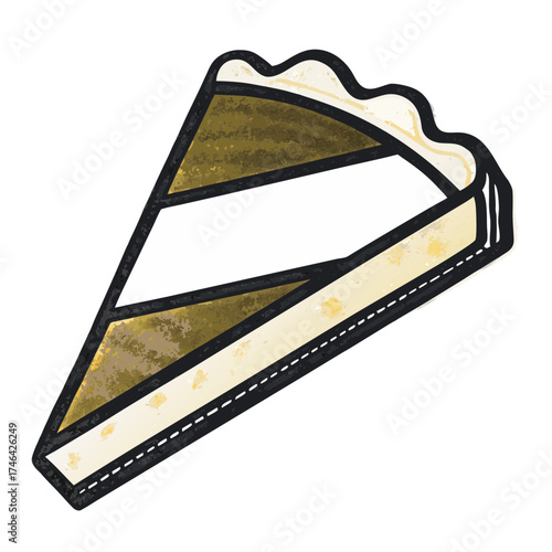 Slice of apple pie in simple flat design with decorative outline  